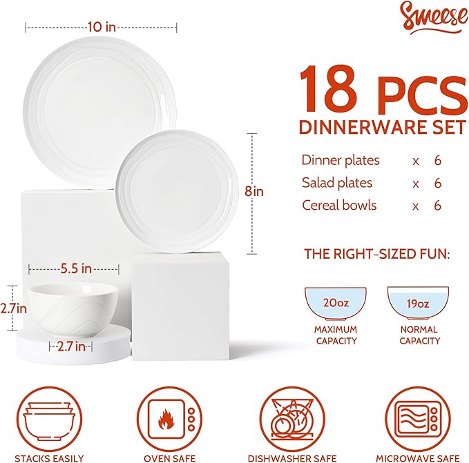 Sweese Porcelain Dinnerware Sets for 6 18 Pieces Ceramic Plates and Bowls Sets Handcrafted Minimalist Dinner Set Chip and Scratch Resistant Dish Set Dishwasher &amp Microwave Safe White