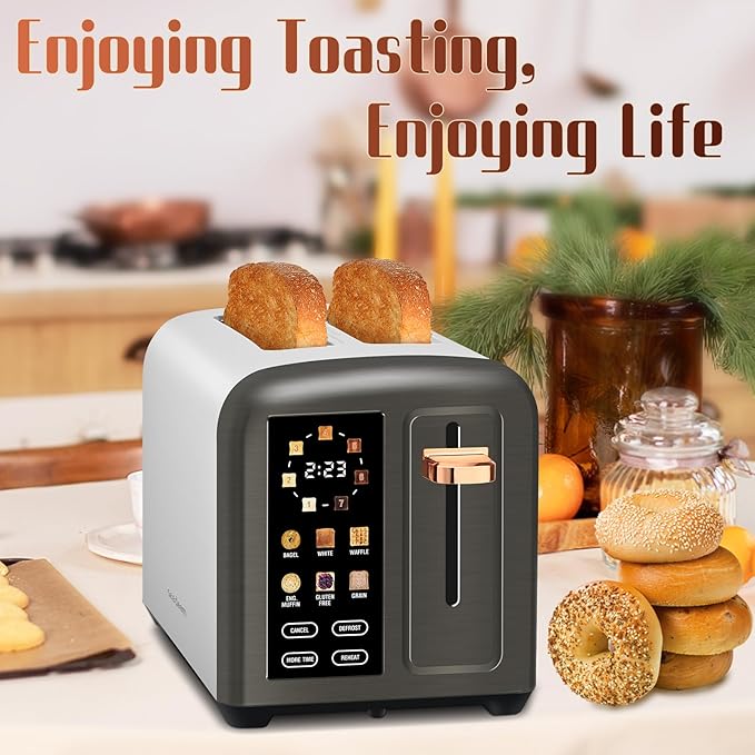 SEEDEEM Toaster 2 Slice with Touch Screen Faster Heating Speed 7 Shade Setting 6 Bread Type 1.5”Wide Slots Toaster Removable Crumb Tray 1350W Dark Metallic
