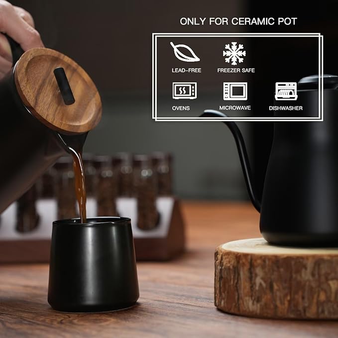 DHPO Ceramic French Press Coffee Maker 22oz Single Serve Coffee Press with Walnut Wood Lid Lead-Free Food Grade Stainless Steel Filter with Dual Screen for Coffee and Loose Tea Black