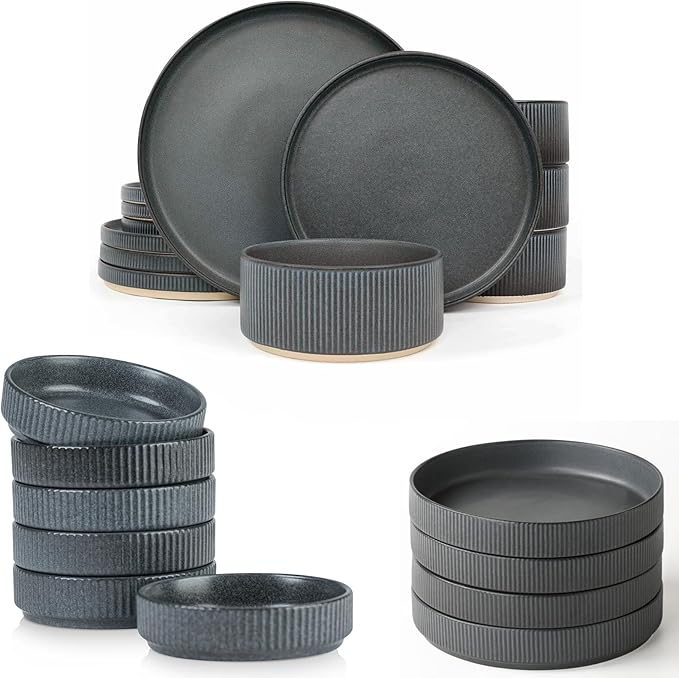 Famiware Dinnerware Set for 4 (12 Piece) and 7.5 Paste Bowl Set (4 Piece) and 4oz Dipping Bowl Set (6 Piece) - Star Stoneware Dishes - Matte Dark Charcoal