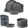 Famiware Dinnerware Set for 4 (12 Piece) and 7.5 Paste Bowl Set (4 Piece) and 4oz Dipping Bowl Set (6 Piece) - Star Stoneware Dishes - Matte Dark Charcoal