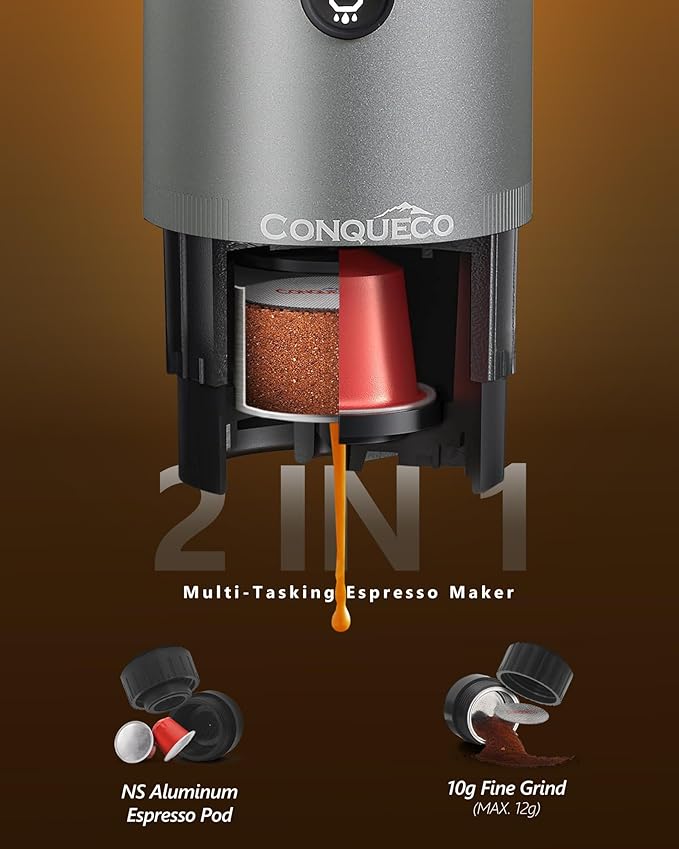 CONQUECO Portable Espresso Machine Travel: 12v Car Coffee Maker with Battery for Camping - Small Electric - 2.5 Mins Heating - Set With Ground Coffee &amp NS Capsule &amp Handbag for RV Hiking Off