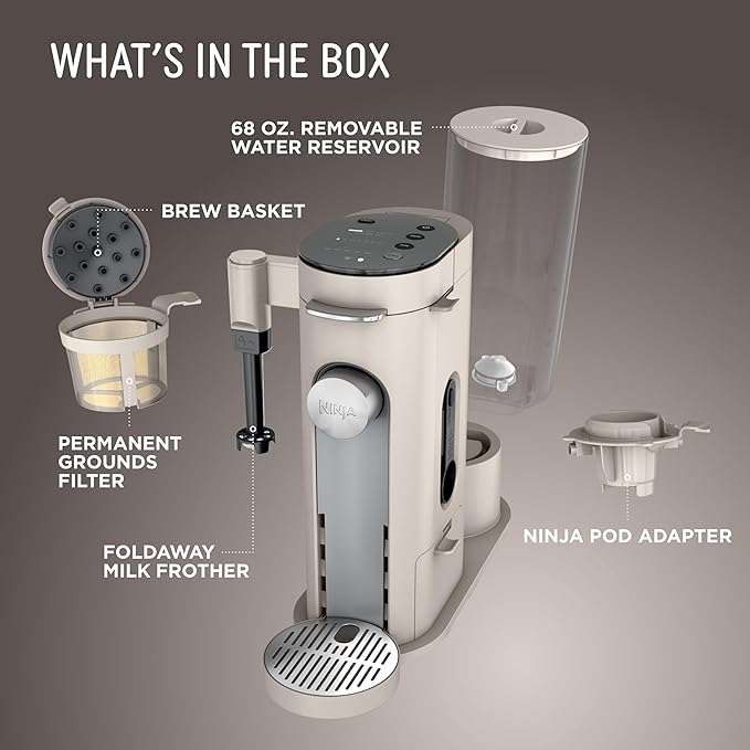 Ninja Pod &amp Grounds | Coffee Maker | XL Single-Serve | K-Cup Pod Compatible | Brews Grounds | Compact Design | Built-In Milk Frother | 68-oz. Reservoir 6-oz. Cup to 24-oz. Mug Sizes | Stone |PB05
