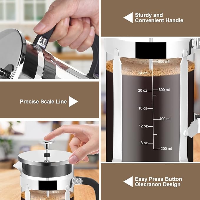 French Press Coffee Maker34oz 304 Stainless Steel with 2 Filter Heat Resistant Durable Easy to Clean Borosilicate Glass Press BPA Free Glass TeaPot-34 Ounce 1 Liter (Chrome)