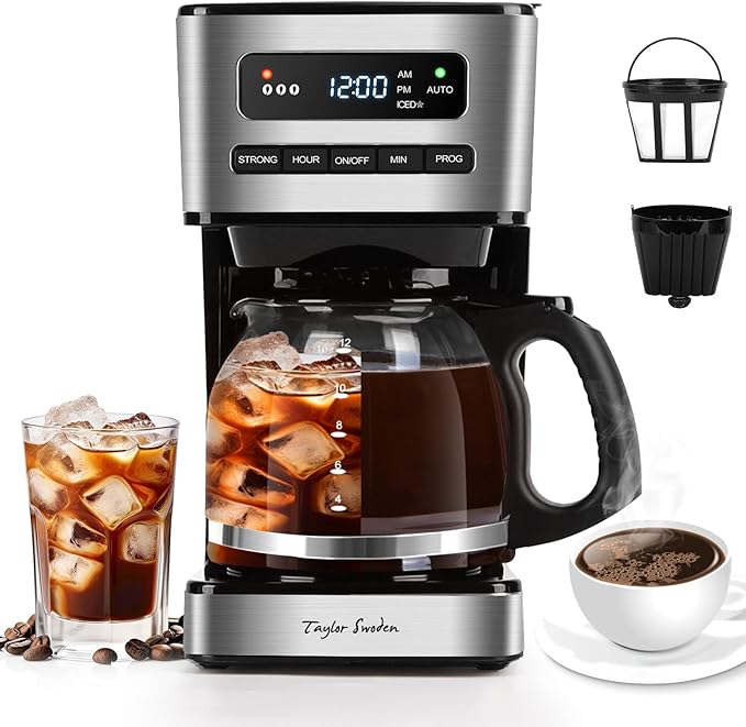 Taylor Swoden Programmable Coffee Makers 12 Cup Hot and Iced Coffee Maker 4 Brew Strength LED Display 24H Timer Keep Warm&ampAuto Shutoff- Drip Coffee Machine for Home/Office Black &ampStainle