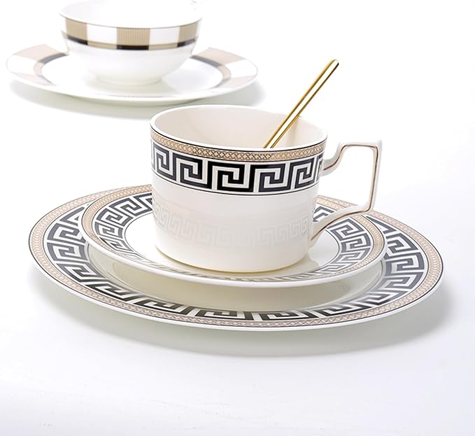 Bone Dinner Plates with China Teacup and Saucer Set for 2 8 Pieces Black and Gold Dinnerware Set Elegant Dish Set for Afternoon Tea Dessert Wedding and Home Décor