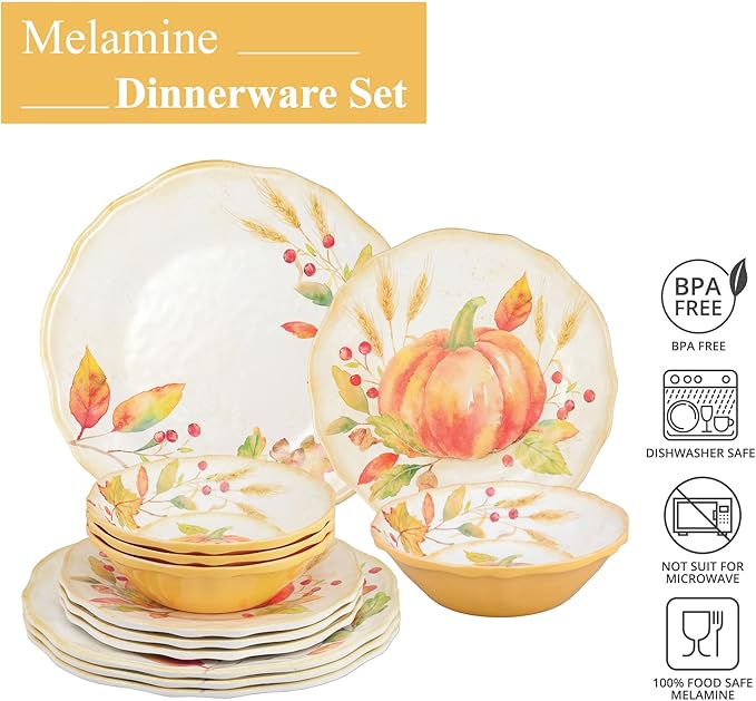 UPware 12 Piece Pumpkin Melamine Dinnerware Sets Outdoor Dishes Set Plates and Bowls Sets Autumn Thanksgiving Decorations Service for 4 Orange