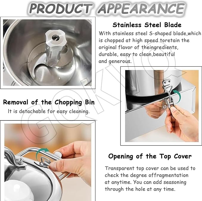 1800w Stainless Steel Electric Vegetable Blender Cutter6/9L Adjustable Speed for Fruits Grains Peanut Ginger Garlic B-HR-9L