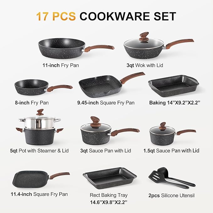 DishDelight 17 Piece Pots and Pans Set Non Stick Nonstick Induction Granite Kitchen Cookware Set Non Toxic Cookware Set with Frying Pans and Saucepan Cooking Sets Pots and Pans Black