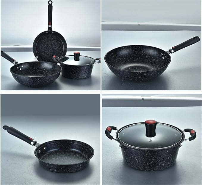 Pots and Pans Set 3Pcs Cookware Set Soup Pot with Glass Lid Wok Frying Pan Wrought Iron Medical Stone Non-Stick Cooking Pot Set Kitchen Kitchen Cooking Set