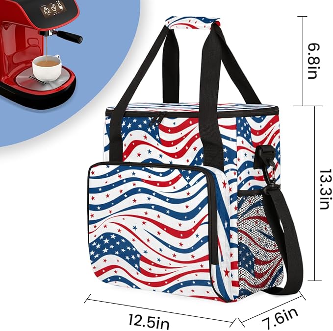 4th of JulyFlag Coffee Maker Carrying Bag Portable Travel Storage Tote Bag Compatible with K-Mini or K-Mini Plus Single Serve Coffee Brewer Carrying Case with Multiple Pockets &amp Shoulder Strap