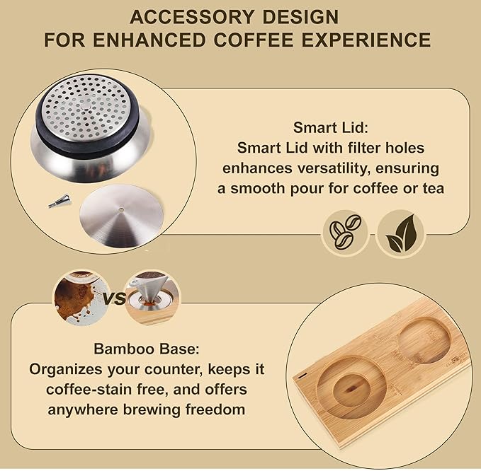 Aquach Pour Over Coffee Maker Set with Extra Large Coffee Dripper 28 oz Glass Carafe Stainlesss Steel Coffee Scoop and Bamboo Storage Tray Unique Set for Home or Office