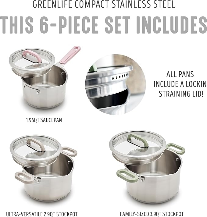 BK Twisting by Greenlife Stainless Steel 6 Piece Locking Lid Cookware Set Built in Strainer Induction Pots &amp Pans Drip-Free Pour Spouts Silicone Handles Saucepan Stock Pot Dishwasher Safe