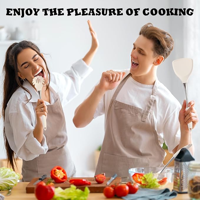 Premium White Silicone Cooking Utensils Set-Non-Toxic Heat Resistant BPA Free Kitchen Utensils Set with Spatula Spoon Whisk &amp Tongs-Non-Stick&amp Dishwasher Safe for Nonstick Cookware