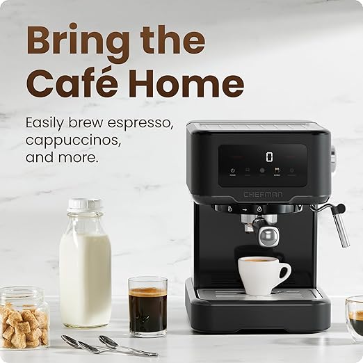 Chefman CraftBrew Espresso Machine 15-Bar Pump Digital Espresso Maker w/Steam Wand for Latte &amp Cappuccino Compact Espresso Coffee Machine w/ 1.5L Removable Water Reservoir - Stainless Black