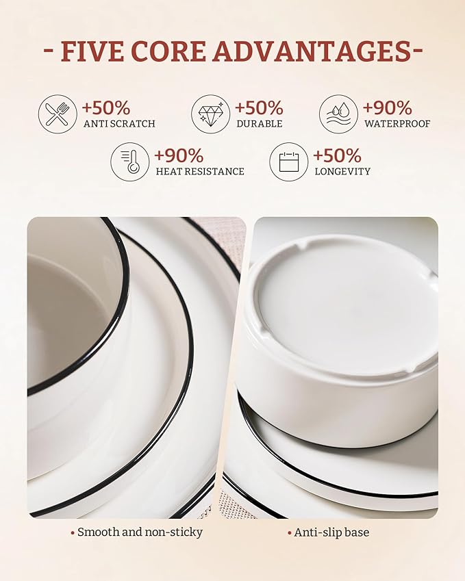 Famiware Porcelain Dinnerware Set 12-Piece Modern Plate and Bowl Set Dish Set for 4 Microwave and Dishwasher Safe Tableware White with Black Trim
