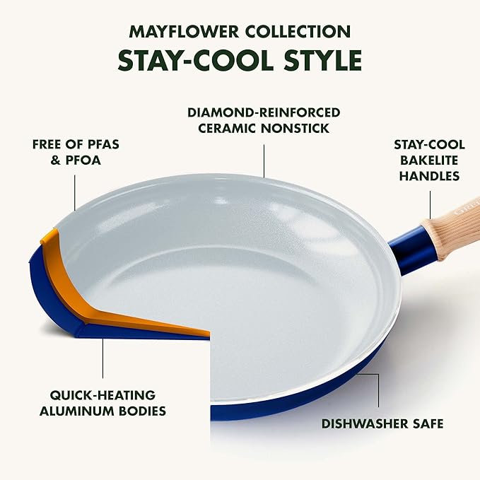 GreenPan Hudson Healthy Ceramic Nonstick 4 Piece Cookware Pots and Pans Set Vintage Vintage Wood Inspired Handle PFAS-Free Dishwasher Safe Navy Blue