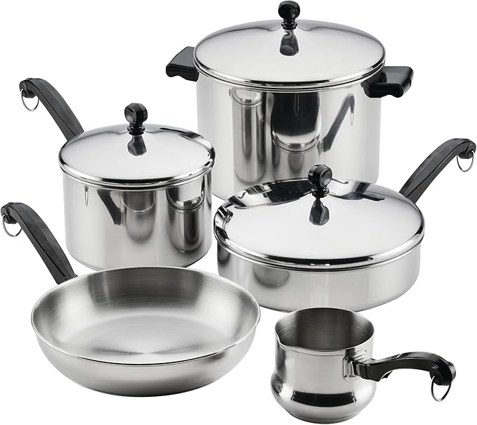 Farberware Classic Series Anniversary Edition Stainless Steel Cookware Set and Lids Induction Ready Dishwasher Safe 8 Piece Pots and Pans Metal Utensil Safe - Stainless Steel