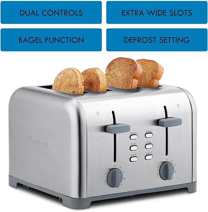Kenmore 4 Slice Toaster Stainless Steel Extra Wide Slots Adjustable Browning Bagel and Defrost Settings Removable Crumb Tray Best Prime Toaster for Bread Bagel Waffles and more
