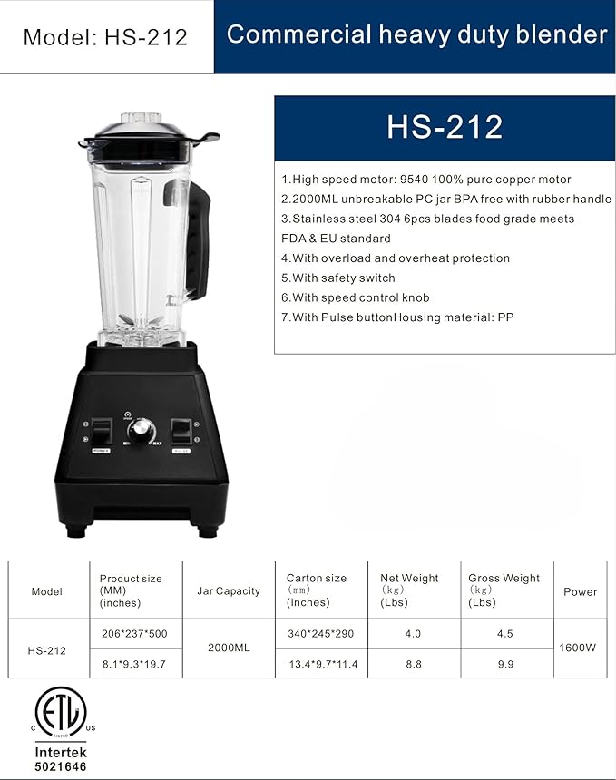 Commercial Heavy Duty Blender 2000ml BPA-Free Jar 1400W Motor with Speed Control HS-212 ETL