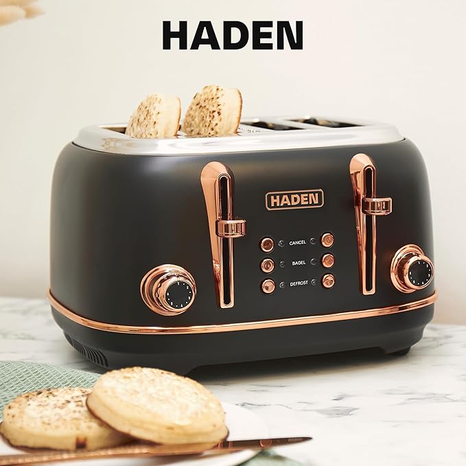 HADEN Heritage 4-Slice Toaster with Extra Wide Slots 1500-Watt Black &amp Copper - Retro Stainless Steel Design with Self-Centering Function Adjustable Browning Control &amp Removable Crumb Tray