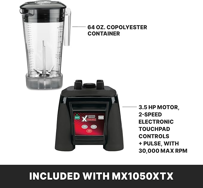 Waring Commercial MX1050XTX 3.5 HP Blender with Electronic Keypad Controls Pulse Feature and a 64 oz. BPA Free Copolyester Container 120V 5-15 Phase Plug