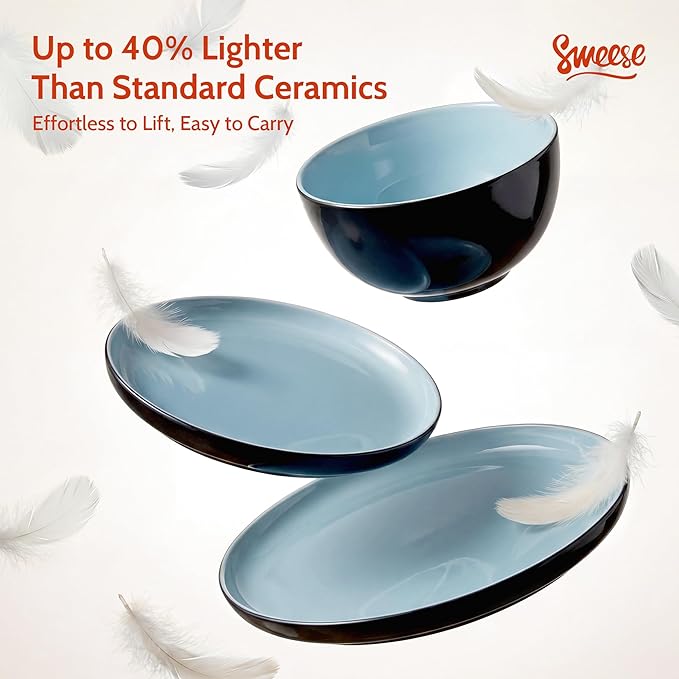 Sweese Porcelain Dinnerware Set of 6 Lightweight Round Plates and Bowls Set - Dishwasher Microwave Oven Safe Scratch Resistant Dinner Sets Kitchen Dishes Set Black &amp Blue