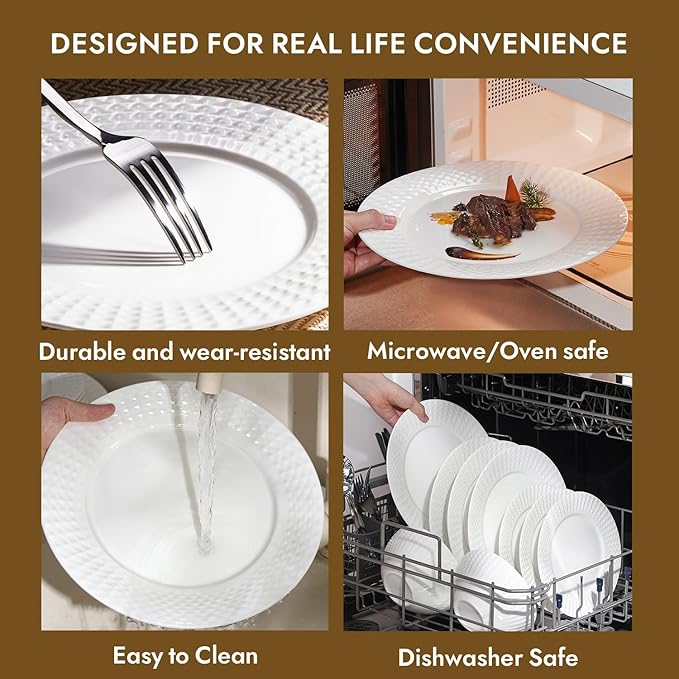 KINGSTONE Bone China Dinnerware Set 18-Piece White Lightweight Porcelain for 6 Plates and Bowls with Rhombus patterned edge design Microwave and Dishwasher Safe for Family Restaurant Gifting
