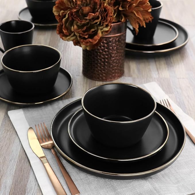 16 Piece Stoneware Dinnerware Set with Gold Rim – Matte Black White &amp Slate Plates Bowls and Mugs – Microwave &amp Dishwasher Safe Tableware Set for 4 (Matte Black)