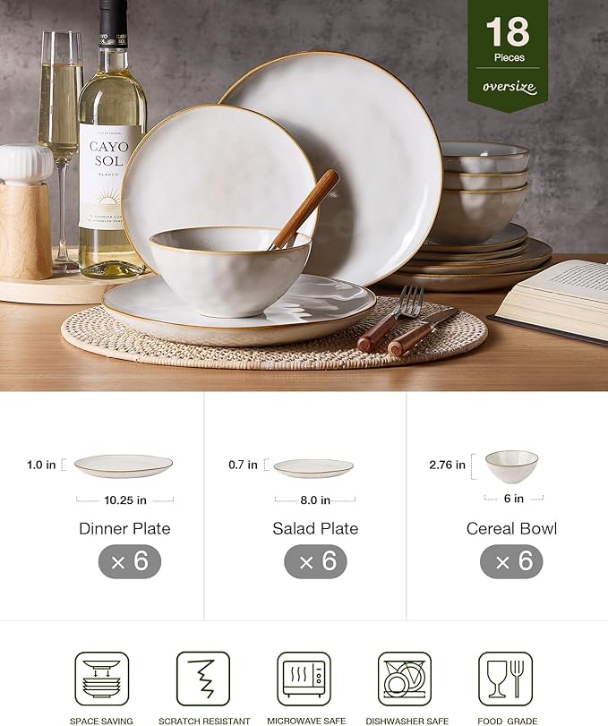 Famiware Ocean Round Plates and Bowls Set 18 Pieces Dinnerware Sets Dishes Set for 6 Reactive Glaze Microwave and Dishwasher Safe Scratch Resistant Cappuccino White