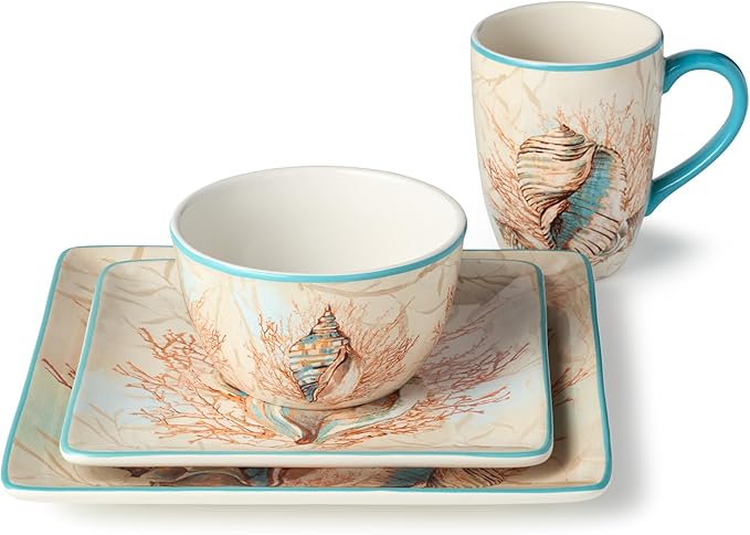 Escape to the Sea 16-Piece Dinnerware Set Coastal Shell &amp Coral Design Aquatic Hues Durable Ceramic Microwave &amp Dishwasher Safe Elegant Nautical Dining Décor