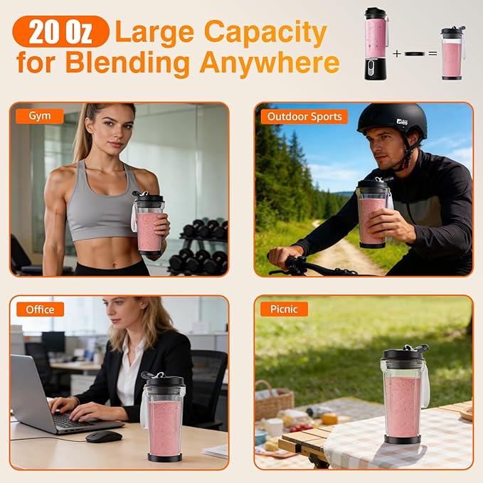 Portable Personal Size Mini Blender - Cordless Small Blender for Smoothies &amp Shakes 20oz Juice Cup With Leak-proof Travel Lid Powerful Blending Freshly Squeezed in Picnic/Office/Gym
