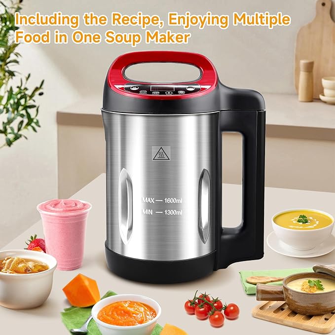 Homtone 1.6L Soup Maker Machine Stainless Steel Soup Maker Blender with Smooth &amp Chunky Settings Anti-Dry Burn Overfill Sensors Ideal for Quick Soups Baby Food