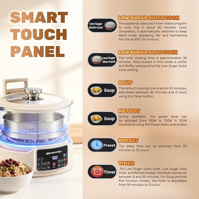 Moongiantgo Low Carb Rice Cooker 3L with Auto Lift Filter Basket Glass Pot Healthy Low Sugar Rice Maker 700W Digital Touch Control 12H Timer &amp Keep Warm Steamer for Porridge Soup Oats Grain