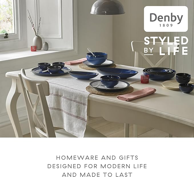Denby Imperial Blue Dinner Set For 4 - 16 Piece Ceramic Tableware Set - Blue White - Dishwasher Microwave Safe Crockery Set - 4 Dinner Plates 4 Small Plates 4 Cereal Bowls 4 Coffee Mugs