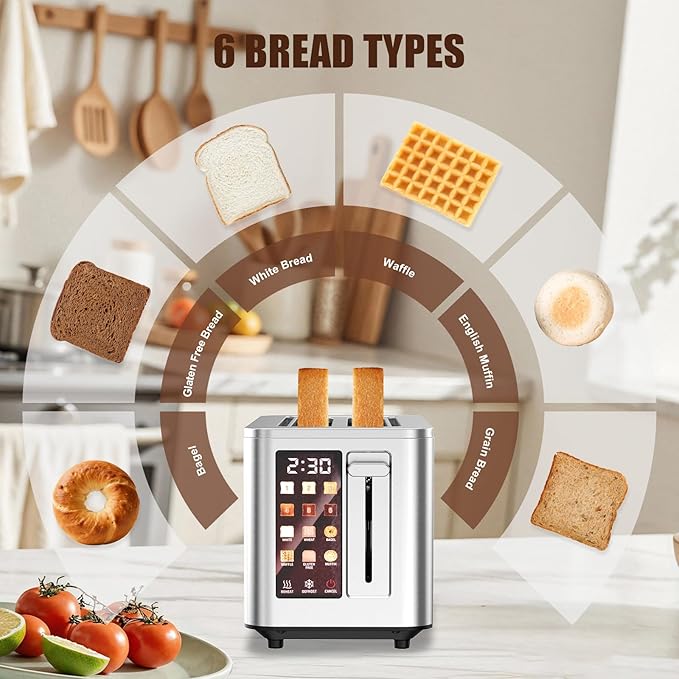 Touch Screen Toaster 4 Slice 4 Bread Types 4 Shade Settings LCD Display Extra Wide 1.5 Slots Memory Function 1400W16.54 * 8.66 * 7.48inch