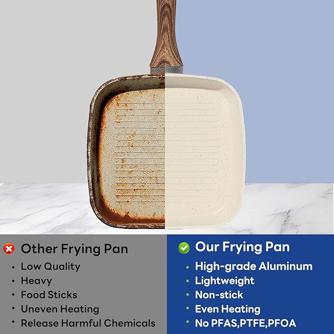 NEWBULIG Nonstick Grill Pan Set – 3 Pieces Square Griddle Pans with Wooden Handle Compatible with All Stovetops Perfect for Steak BBQ Vegetables (9.5 10.2 11) Beige