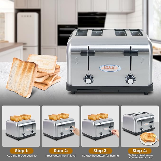 Hakka Toaster 4 Slice Heavy-Duty Stainless Steel Toasters Commercial Toaster with Extra Wide Slots Auto Pop-up &amp Removable Crumb Tray 1800W/110V