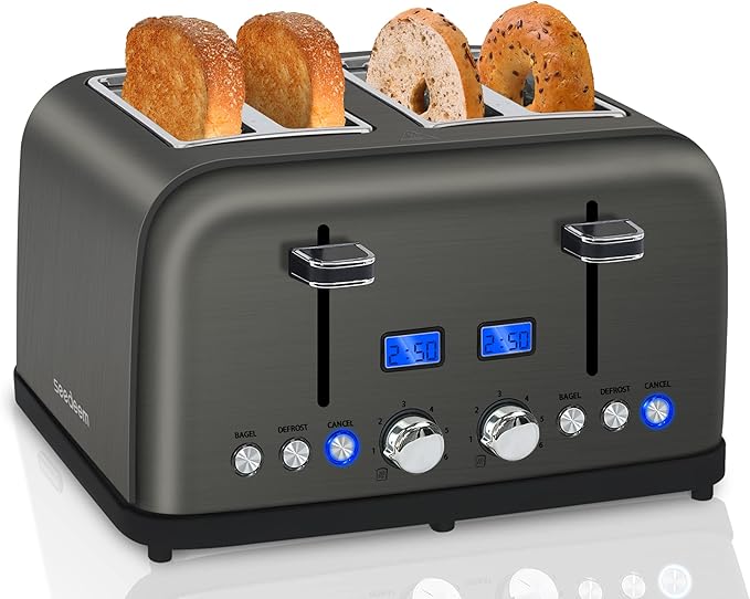 SEEDEEM Toaster 4 Slice LCD Display 6 Shade Settings 1.5'' Wide Slots Digital Stainless Toaster for Bagel Defrost Reheat Dual Control Removable Crumb Tray 1500W Dark Metallic