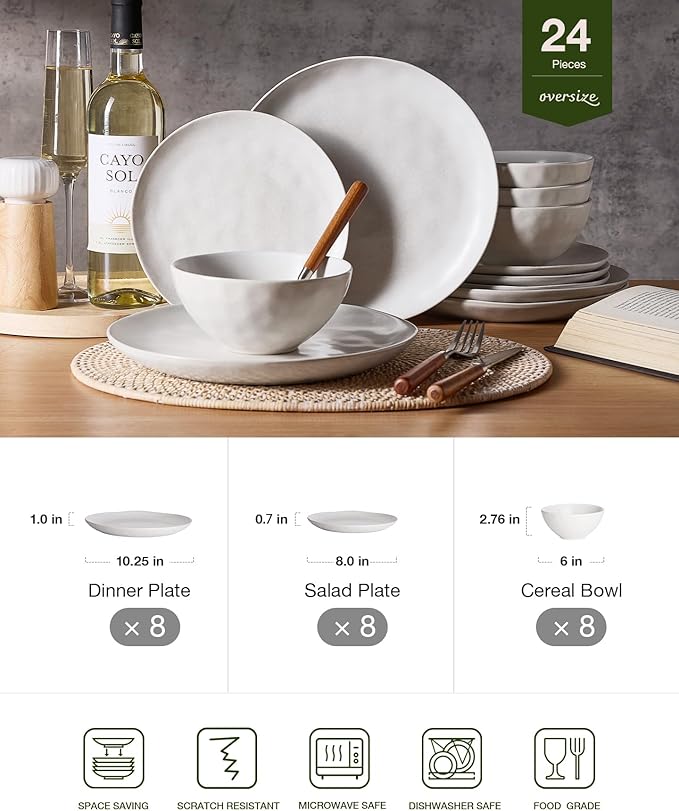 Famiware Dinnerware Sets for 8 Ocean Round 24-Piece Kitchen Plates and Bowls Sets Microwave and Dishwasher Safe Scratch Resistant Matte White