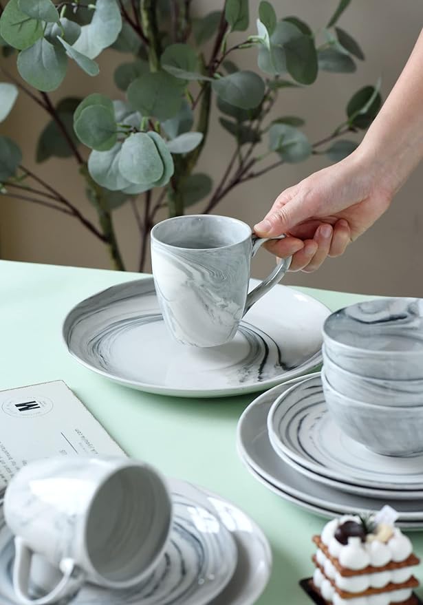 16 Piece Marble Dishes Dinnerware Sets Marble Porcelain Dinnerware Set Grey (4×Dinner Plates 4×Dessert Plates 4×Bowls 4×Mugs 16 Pack)