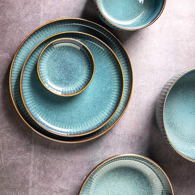 Dinnerware Set Luxury Family Dinner Service Set Porcelain Dinnerware Set Ceramic Plates And Bowls Sets Modern Vintage Lounge Round Reactive Glaze Dishes Set