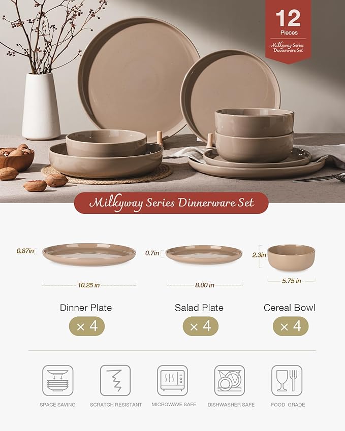 Famiware Milkyway Plates and Bowls Set 12 Pieces Dinnerware Sets Dishes Set for 4 Cinnamon Brown