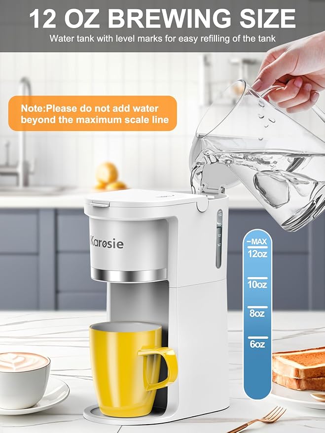 Small Single Serve Coffee Maker Fast Brew for K-Cup &amp Ground Coffee 6-12 Oz Brew Sizes One-Button Single Cup Coffee Maker Coffee Machine with Descaling ReminderWhite9.45 Inches