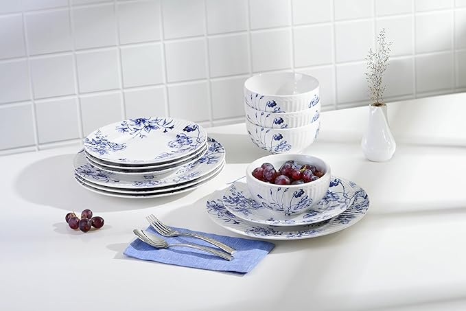 222 Fifth 12-Piece Porcelain Dinnerware Set for 4 White &amp Blue Plates and Bowls Set Glossy Ceramic Dish Set with Embossed Toile Pattern Elegant Kitchen Dishes Microwave &amp Dishwasher Safe