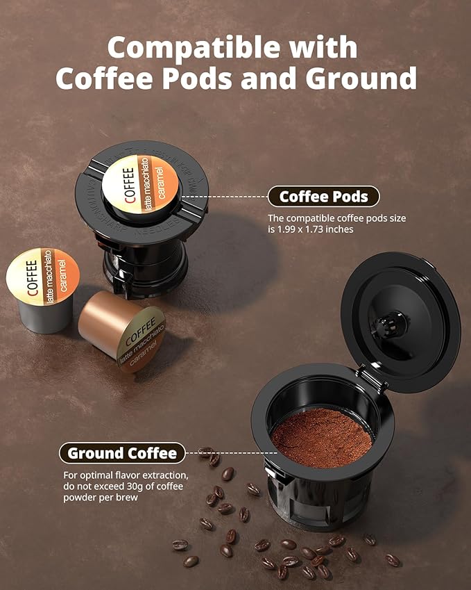 AIRMSEN Grind &amp Brew Coffee Maker with Built-in Grinder (2026 Model) - Single-Serve Compatible with K-Cup Pods &amp Ground 1000W Fast 6-14oz Brewer Descaling Alert Touchscreen &amp 50oz Remo