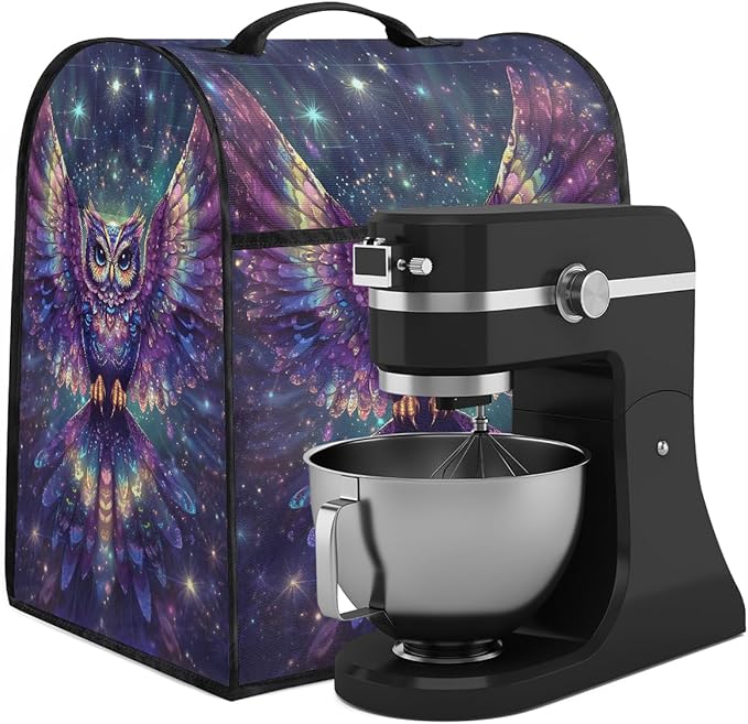Kitchen Aid Mixer Cover Animal Glowing Owl Stand Mixer Cover Compatible with 6-8 Quarts Stand Mixers Dust Covers with Zipper Pocket Foldable Washable Kitchen Aid Organizer Bag