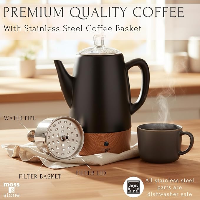 Moss &amp Stone 10 Cup Black Percolator Coffee Pot Electric Stainless Steel Coffee Percolator Electric With Keep Warm Function Classic Perculator Pot With Removable Basket for Home or Office