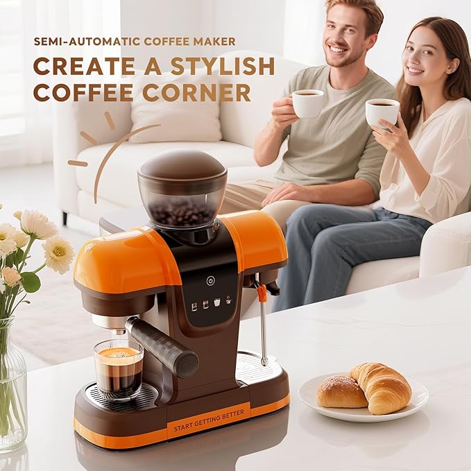 20 Bar Espresso Machine with Grinder &amp Steam Wand - Semi Automatic Coffee Maker NTC Intelligent Temp Control 58mm Stainless Steel Portafilter One-Touch Panel for Home Barista (Removable Water T