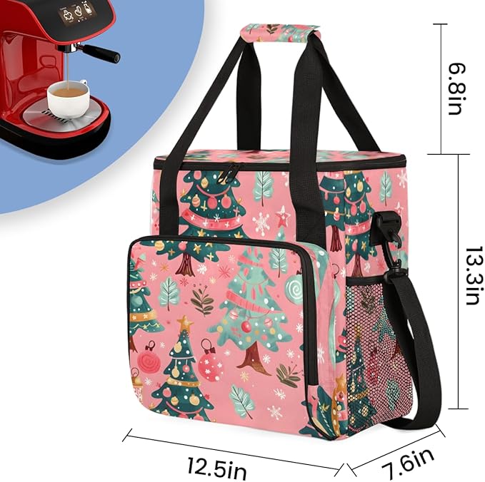 Cartoon Tree Coffee Maker Carrying Bag Christmas Festivals Travel Storage Bag Compatible with K-Mini or K-Mini Plus Single Serve Coffee Brewer Carrying Case with Multiple Pockets &amp Shoulder Stra